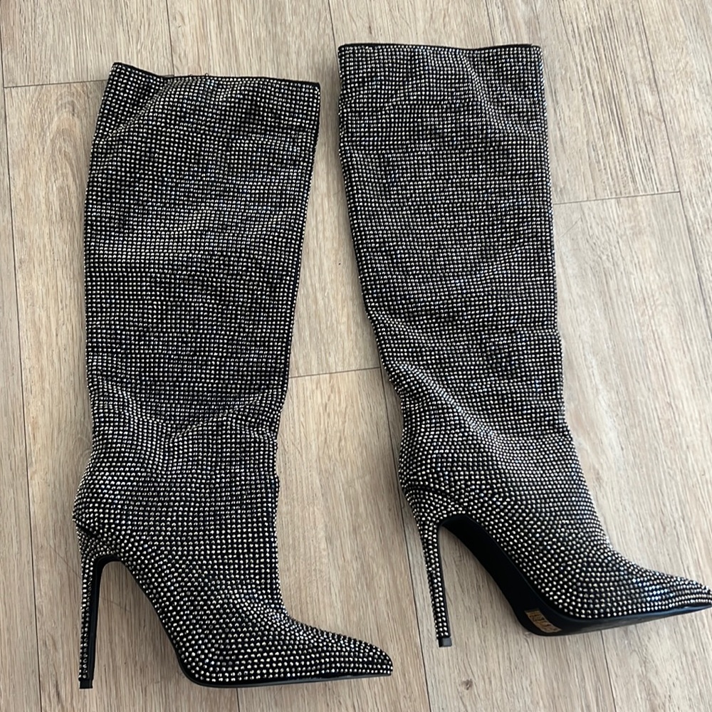 Elegant Black Rhinestone Knee-High Boots